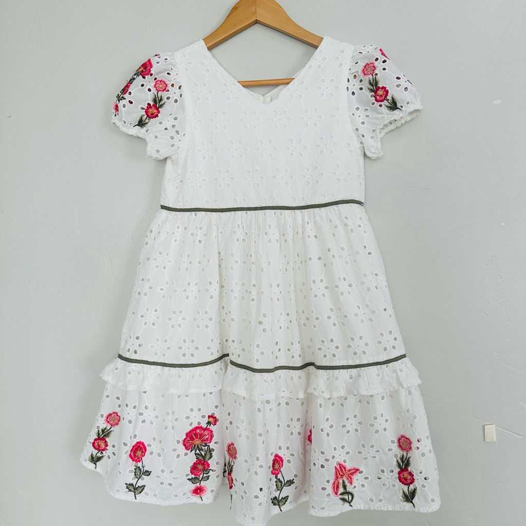 Monsoon White Dress With Pink Floral Accents Embroidery, Cotton Sz 10 Yrs.